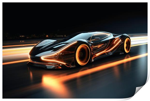 A fast modern hyper car with lightbeams showing the speed. Print by Michael Piepgras