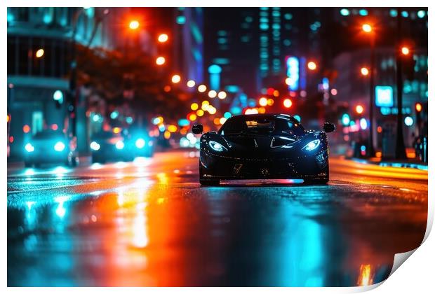 A low angle view of a fast driving sports car with neon lights o Print by Michael Piepgras