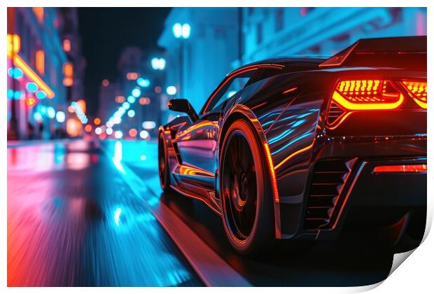 A low angle view of a fast driving sports car with neon lights o Print by Michael Piepgras