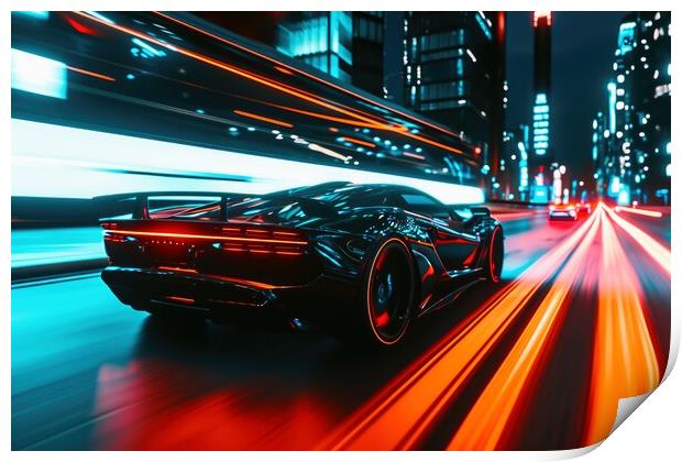 A low angle view of a fast driving sports car with neon lights o Print by Michael Piepgras