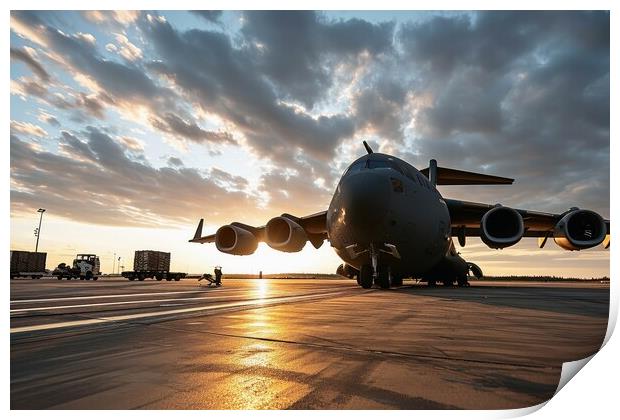 A military transport airplane on an airport loading equipment. Print by Michael Piepgras