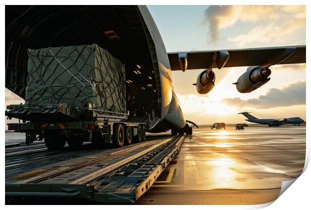 A military transport airplane on an airport loading equipment. Print by Michael Piepgras