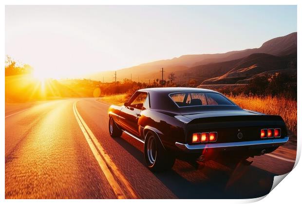 A muscle car driving into the sunset. Print by Michael Piepgras