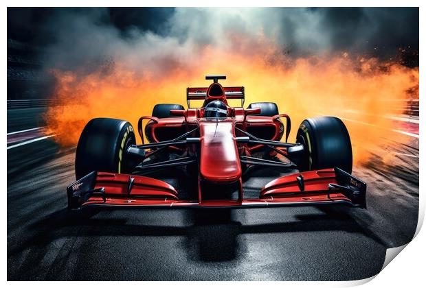 A red hot racing car burning rubber on the asphalt dominating th Print by Michael Piepgras