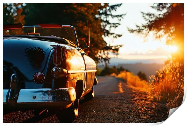 A vintage car driving into the sunset. Print by Michael Piepgras