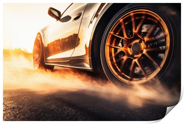 A wheel of a sports car spinning fast and producing smoke. Print by Michael Piepgras