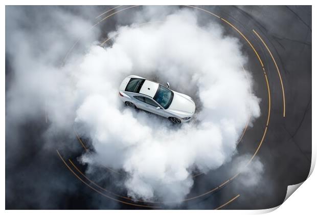 Aerial view of a sports car making donuts. Print by Michael Piepgras