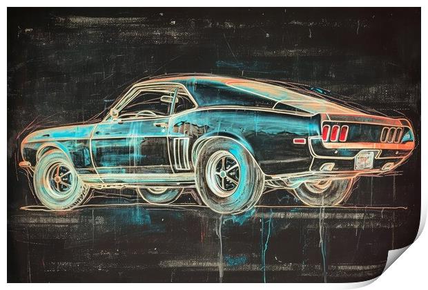 Chalk drawing of a muscle car on a blackboard. Print by Michael Piepgras