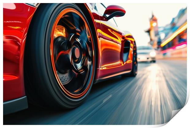 Close up of a fast turning wheel of a sports car. Print by Michael Piepgras