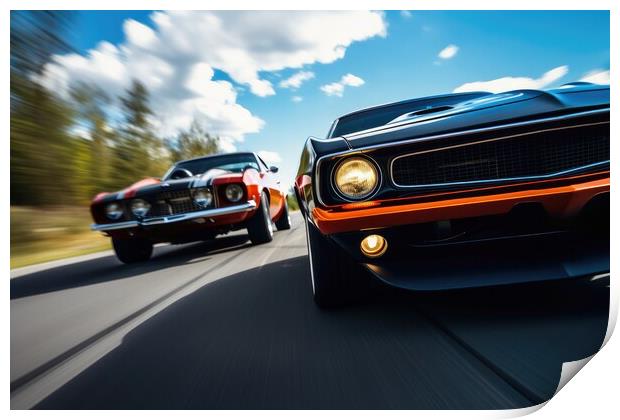 Doing a race with a another muscle car in a close up view. Print by Michael Piepgras