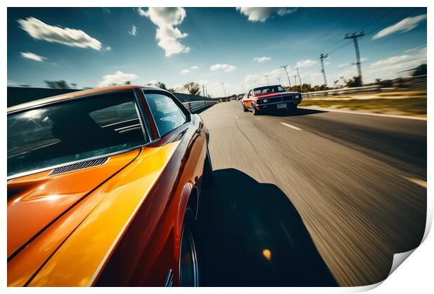 Doing a race with a another muscle car in a close up view. Print by Michael Piepgras