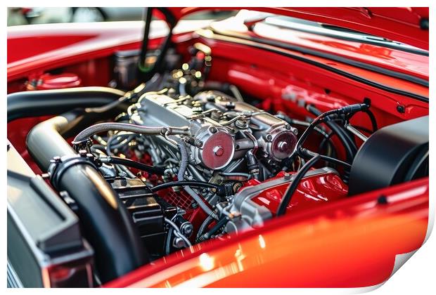 View into the engine compartment of a powerful tuned engine. Print by Michael Piepgras