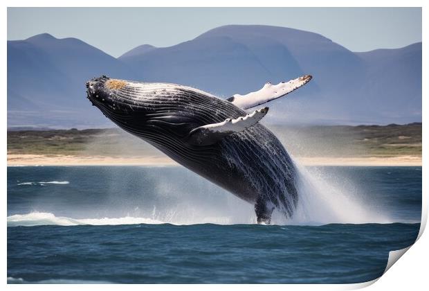 A big whale jumping half out of the water. Print by Michael Piepgras