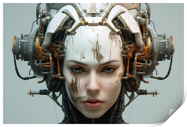 A female robot face of an artificial intelligence. Print by Michael Piepgras