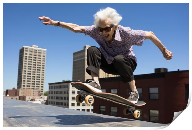 A retired woman having fun on a skateboard. Print by Michael Piepgras