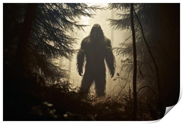 Rare shot of the mysterious bigfoot in a forest. Print by Michael Piepgras