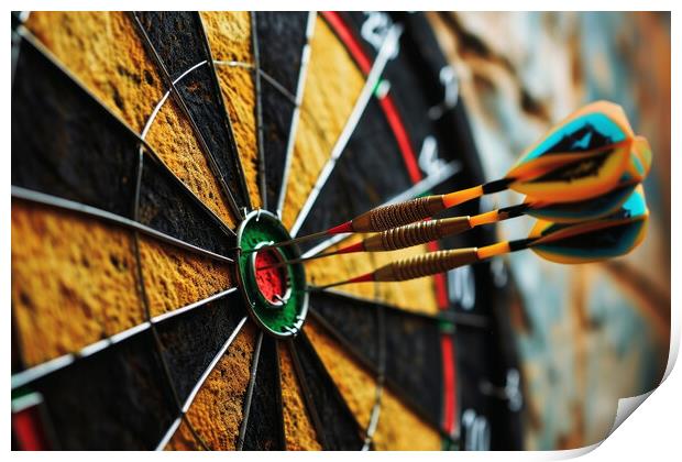 Three darts hitting perfect on the target bullseye. Print by Michael Piepgras