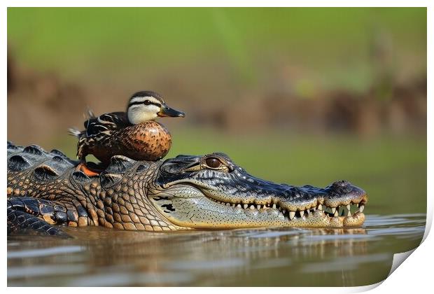 A crocodile is protecting a little duck. Print by Michael Piepgras