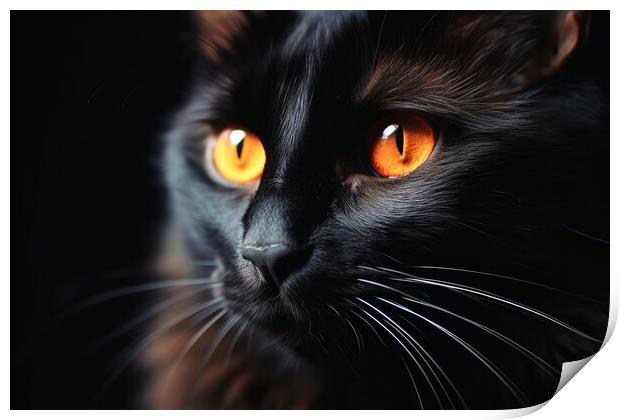 A close up of a black cat on a dark background. Print by Michael Piepgras