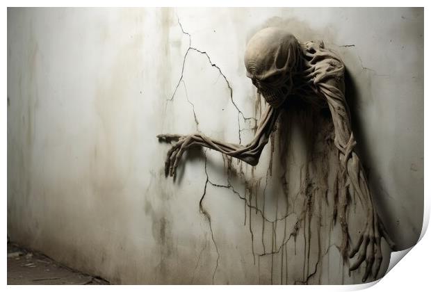 A creepy figure crawls right out of the wall. Print by Michael Piepgras