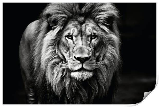 A male lion on a dark background in black and white. Print by Michael Piepgras