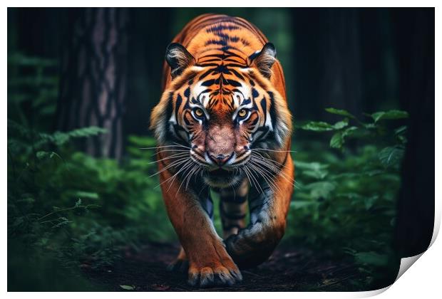 A mesmerizing Tiger on a dark background. Print by Michael Piepgras