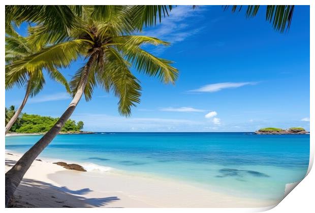 A peaceful beach with palm trees and clear blue waters evoking r Print by Michael Piepgras