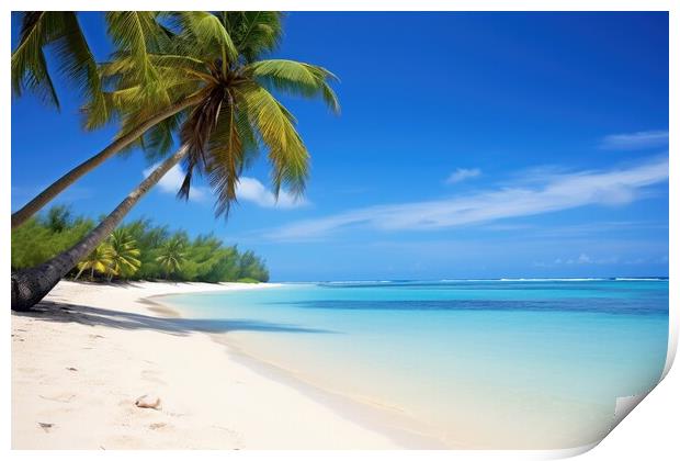 A peaceful beach with palm trees and clear blue waters evoking r Print by Michael Piepgras