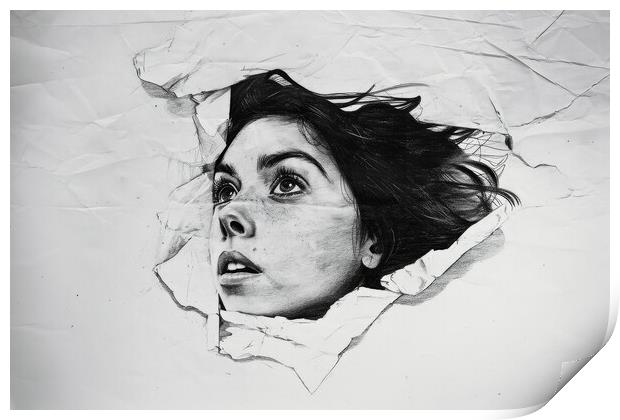 A pencil painting of a woman coming out of the paper. Print by Michael Piepgras