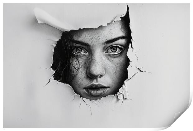 A pencil painting of a woman coming out of the paper. Print by Michael Piepgras