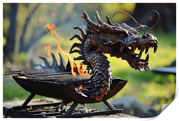 A barbecue grill in form of a dragon. Print by Michael Piepgras