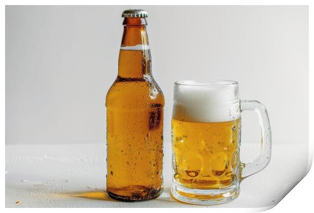 A bottle of beer and a filled glass on a white background. Print by Michael Piepgras