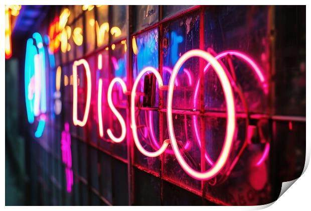 A colorful neon sign showing the word Disco on a wall of a club. Print by Michael Piepgras