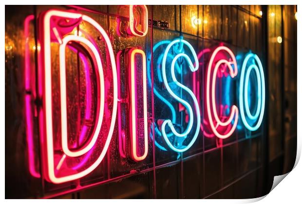 A colorful neon sign showing the word Disco on a wall of a club. Print by Michael Piepgras
