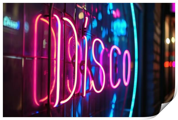 A colorful neon sign showing the word Disco on a wall of a club. Print by Michael Piepgras