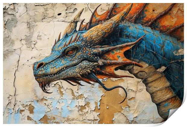 A dragon painting on an old wall. Print by Michael Piepgras