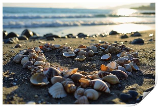 A heart shape made of shells at a beach. Print by Michael Piepgras