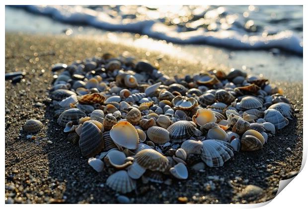 A heart shape made of shells at a beach. Print by Michael Piepgras