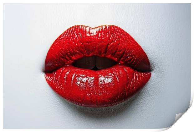 A red lipstick kissing mouth isolated on a white background. Print by Michael Piepgras