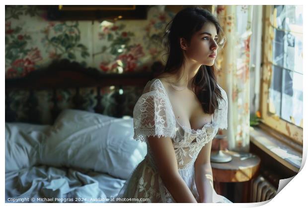 A woman in her bedroom in a lace dress. Print by Michael Piepgras