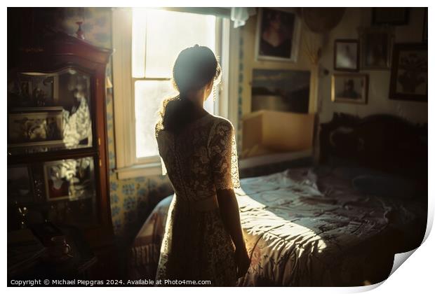 A woman in her bedroom in a lace dress. Print by Michael Piepgras