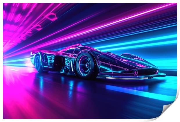 A fast car in a futuristic neon light city. Print by Michael Piepgras