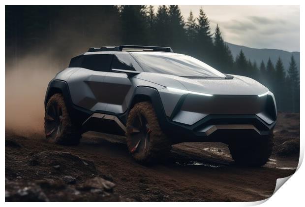 A futuristic sports SUV driving in wild terrain. Print by Michael Piepgras