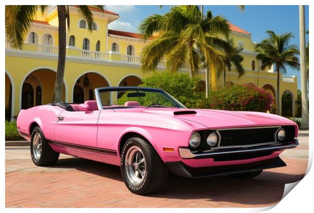 Pink convertible from the 70s in an avenue of palm trees. Print by Michael Piepgras
