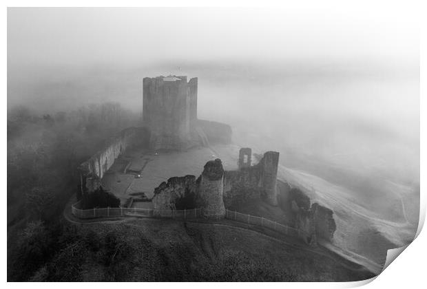 Conisbrough Castle Fog Black and White Print by Apollo Aerial Photography