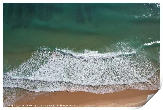 Beach and waves from top view. Turquoise water background Print by Samuel Foster