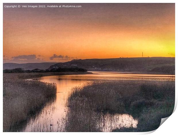 Sunset over Slapton Ley Nature Reserve Print by  Ven Images