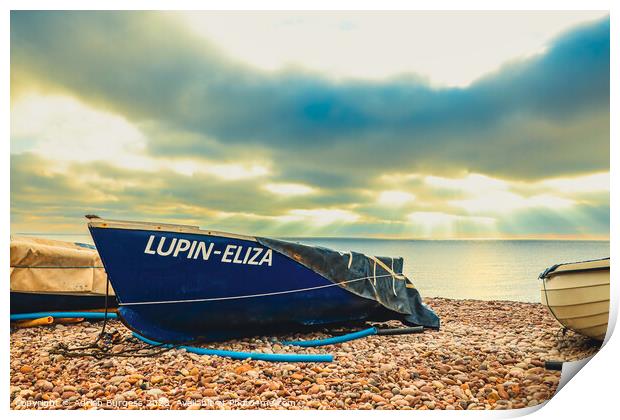 Boat on Budleigh Beach with Sun Rays Print by Adrian Burgess