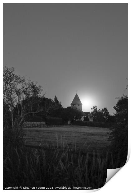 Moonrise over 12th Century Parish Church of St Mar Print by Stephen Young