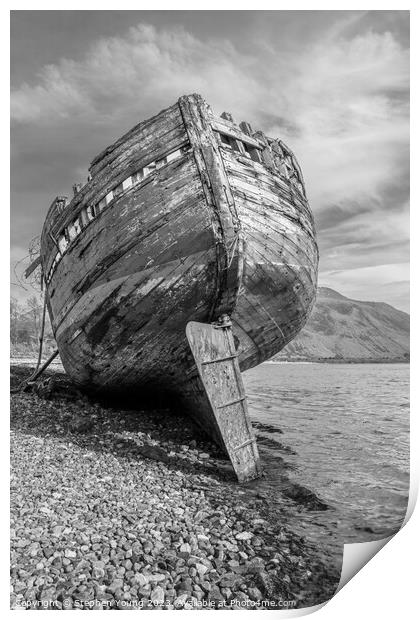 Boat Wreck on River Lochy, Fort William, Scotland Print by Stephen Young